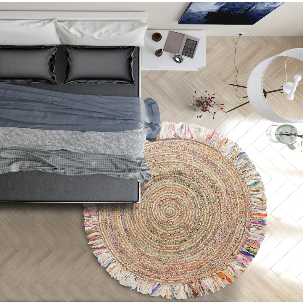 Sevita Organic Jute Braided Area Rug, White and Multi