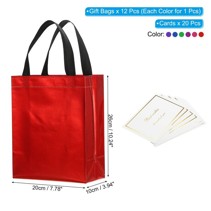 Gift Bags with Cards, 12 Set 8" Reusable Non-Woven Gift Goodie Bags - 6 Colors - 10"x8"x4" - 6 Colors - 10"x8"x4"