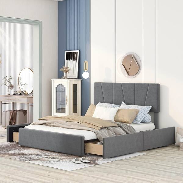 slide 2 of 24, Modern & Simple Style Queen Size Upholstery Wood Platform Bed with Four Drawers,Adjustable Headboard Gray