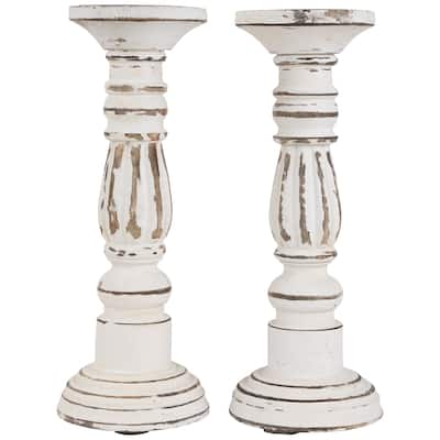 Set of 2 Antique White Pillar Candle Holders 12"