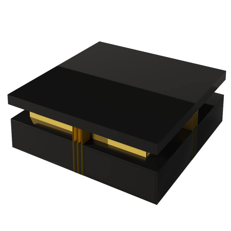 43.3" Modern Square Coffee Table with 4 Hidden Drawers, Glossy Living Room Table with Gold Accents, Space-Saving Storage Table