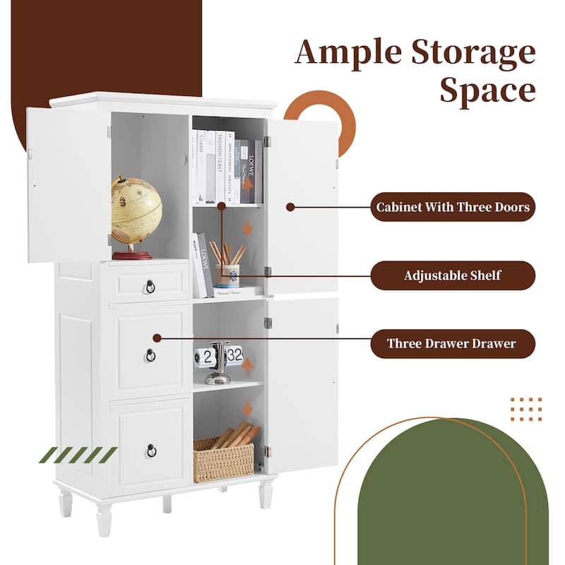 Retro Versatile Storage Cabinet with Adjustable Shelves, 3 Drawers and 3 Enclosed Compartments, Anti-Tipping Design