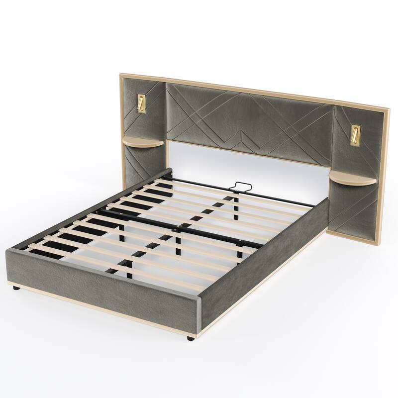 Christopher Knight Home - Voss Velvet Upholstered Bed with 2 Built-in LED Lights and 2 Storage Side Panels