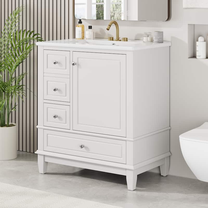 30" Bathroom Vanity with Sink - Soft Close Door, 3 Drawers & Storage Shelf, Modern Single Basin Cabinet