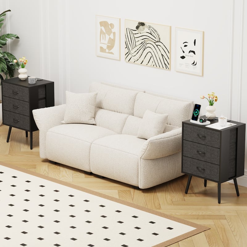 2 Pack Modern LED Nightstand with Charging Station and Fabric Drawers