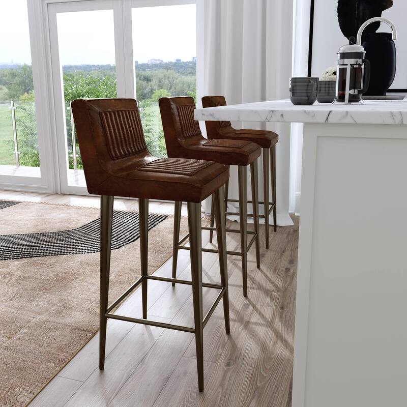 Maxwell 32 in. Seat Height Leather and Iron Bar Height Stool with Back - Brown