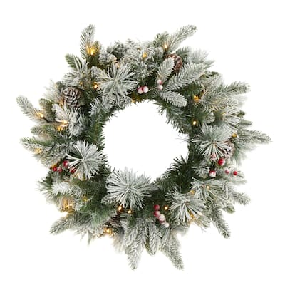 20" Flocked Mixed Pine Christmas Wreath with 50 LED Lights