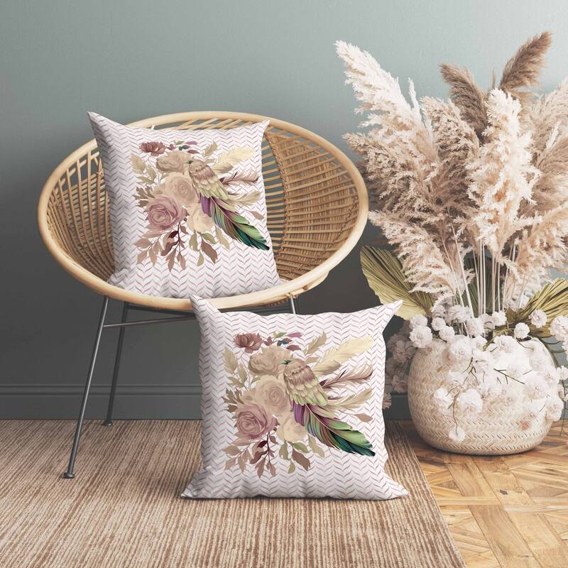 Feathered Bouquet Indoor/Outdoor Reversible Throw Pillow Pink and Beige