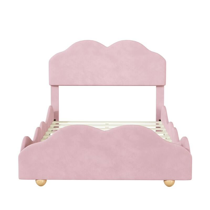Twin/Full Size Bed Frame with Cloud Shaped Headboard and Footboard, Velvet Platform Bed with Slats Support, No Box Spring Needed