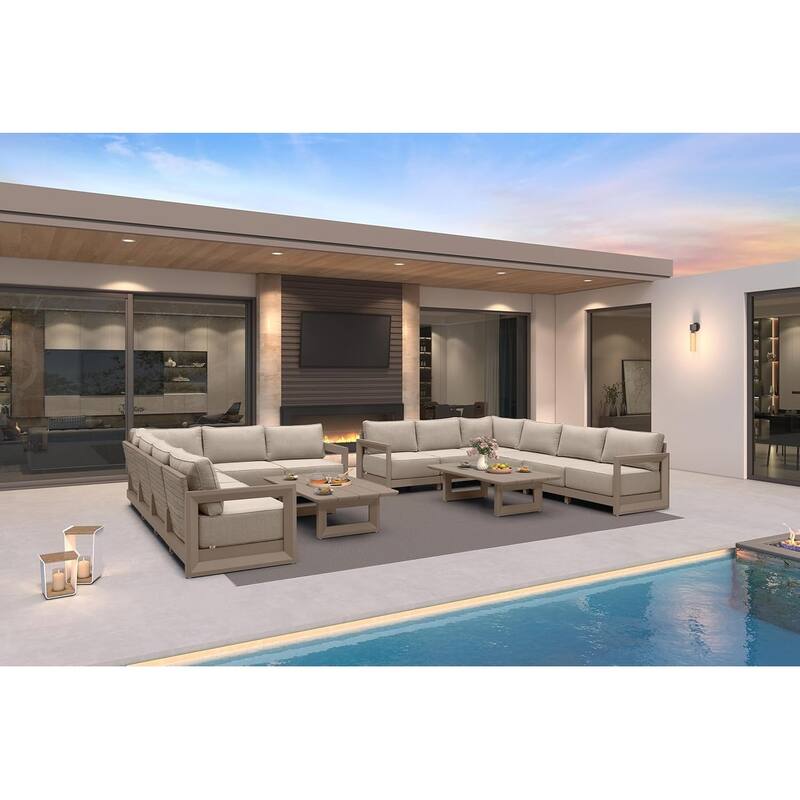 PURPLE LEAF Caesar Khaki Sofas Sectionals 4-18 Piece with 9.6" Thick Cushion for Yard Porch Deck Outdoor Patio Conversation Sets - 12 Seats+2 Tables - L-shaped
