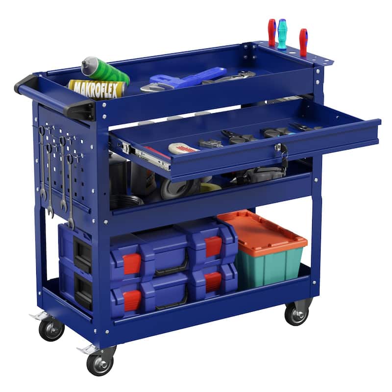 3-Tier Rolling Tool Cart on Wheels for Mechanics with Utility Drawer - Blue