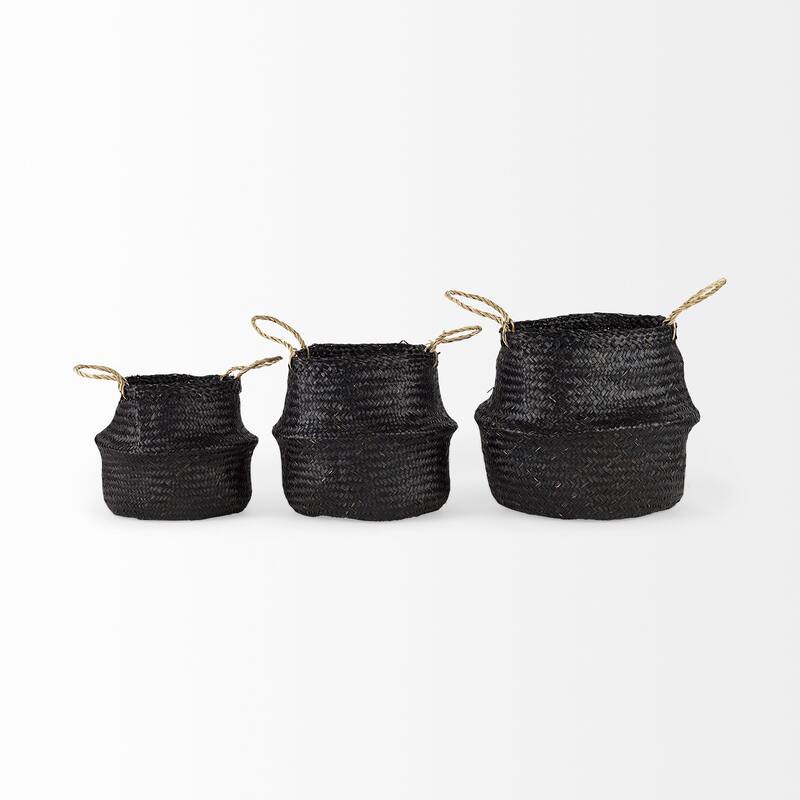Ella 9.8L x 9.8W x 11.0H (Set of 3) Black Seagrass Basket W/ Light Brown Handles