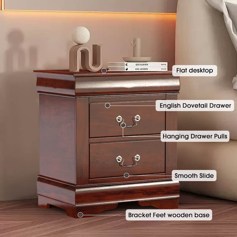 Modern Dark Cherry Solid Wood 2-Drawer Nightstand Bed Side Table