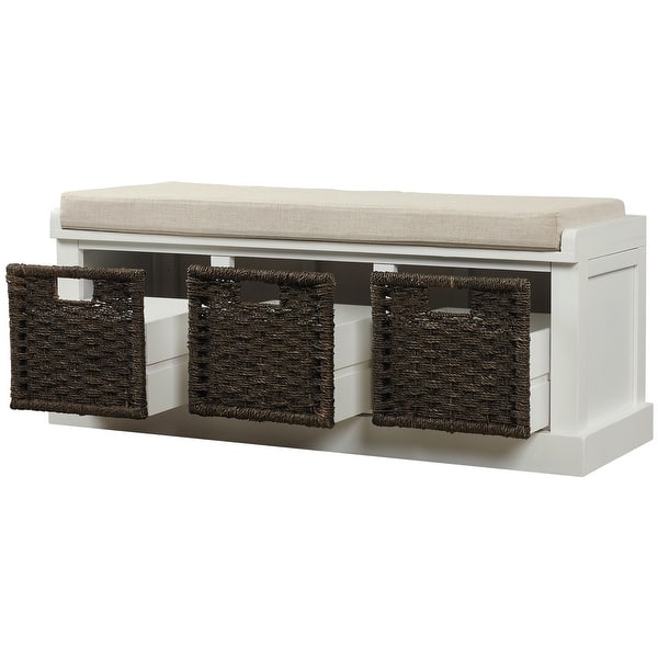 White Entryway Bench Storage With Basket And Removable Cushion Overstock 30992747