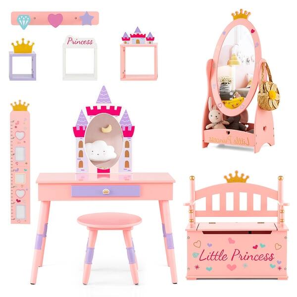 slide 2 of 8, Gymax 3-Piece Kids Room Furniture Set Vanity Table Dressing Mirror Pink - 1-drawer