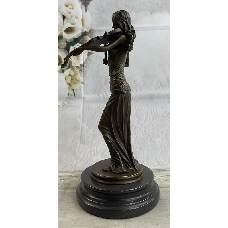 Brown Color Patina Bronze Sculpture Violin Player Viola Musician Marble Figurine