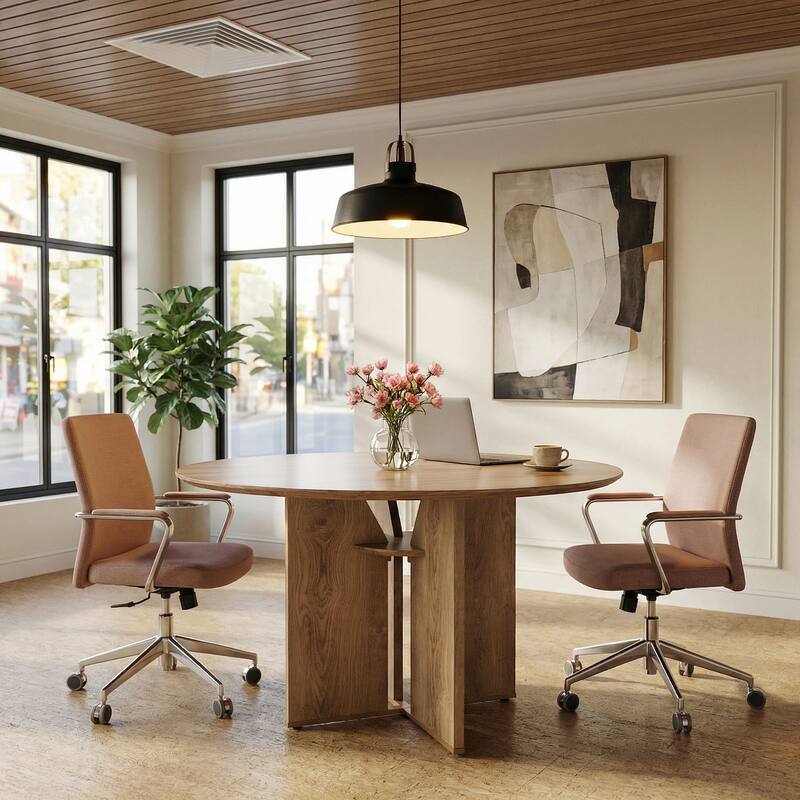 39.37" Conference Table for 4, Round Office Table with Lower Storage Shelf for Training, Seminar