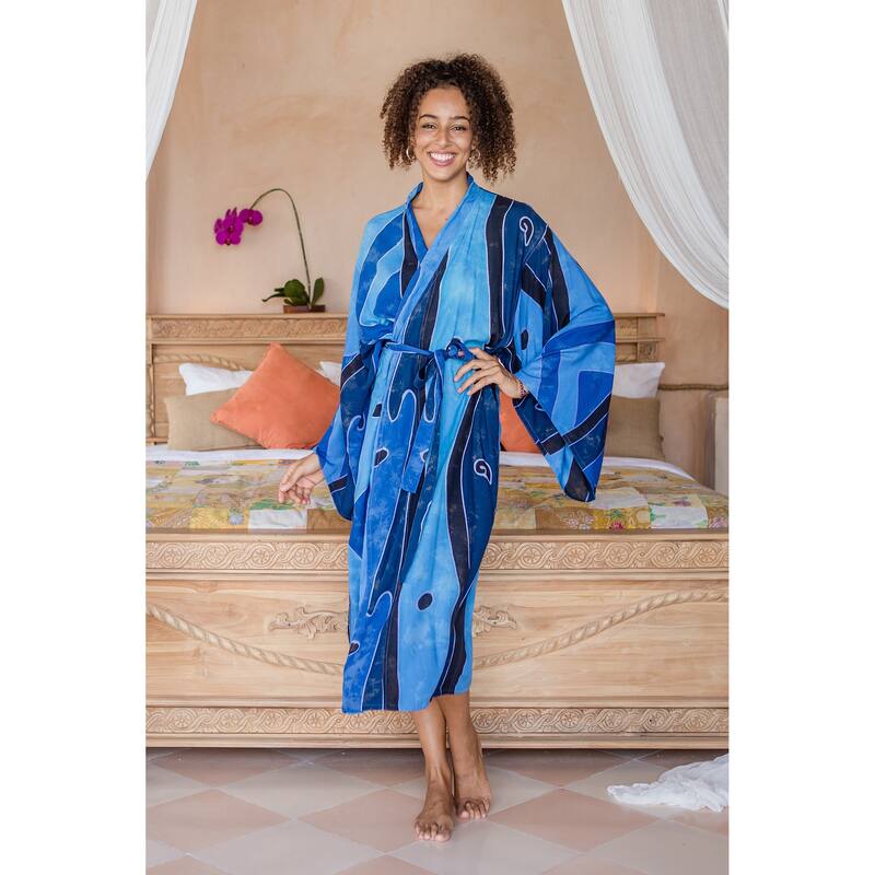 Novica Handmade Cerulean Ocean Rayon Batik Robe