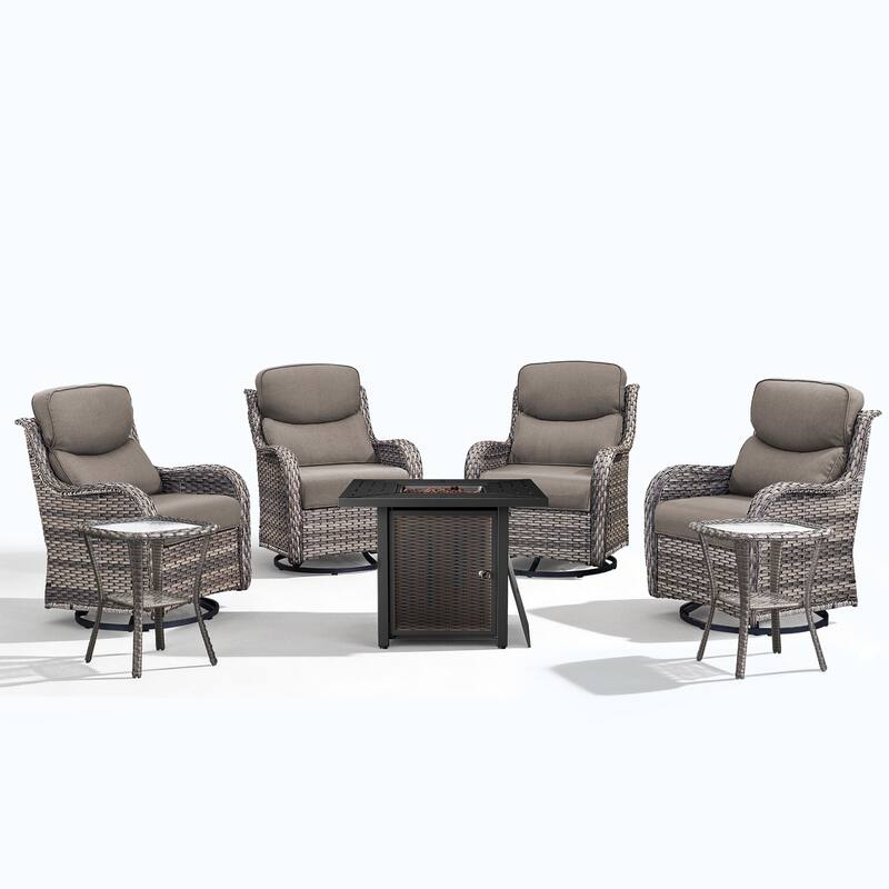 Meyreso 7-Piece Outdoor Patio Wicker Fire Pit 4 person Conversation Set with 5-Inch Thick Cushions