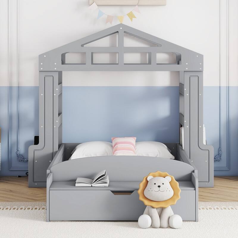 Twin Size House Bed with Bench, Socket and Shelves,Space-saving,with USB Ports and Wireless Charging,Integrated Power Outlet]