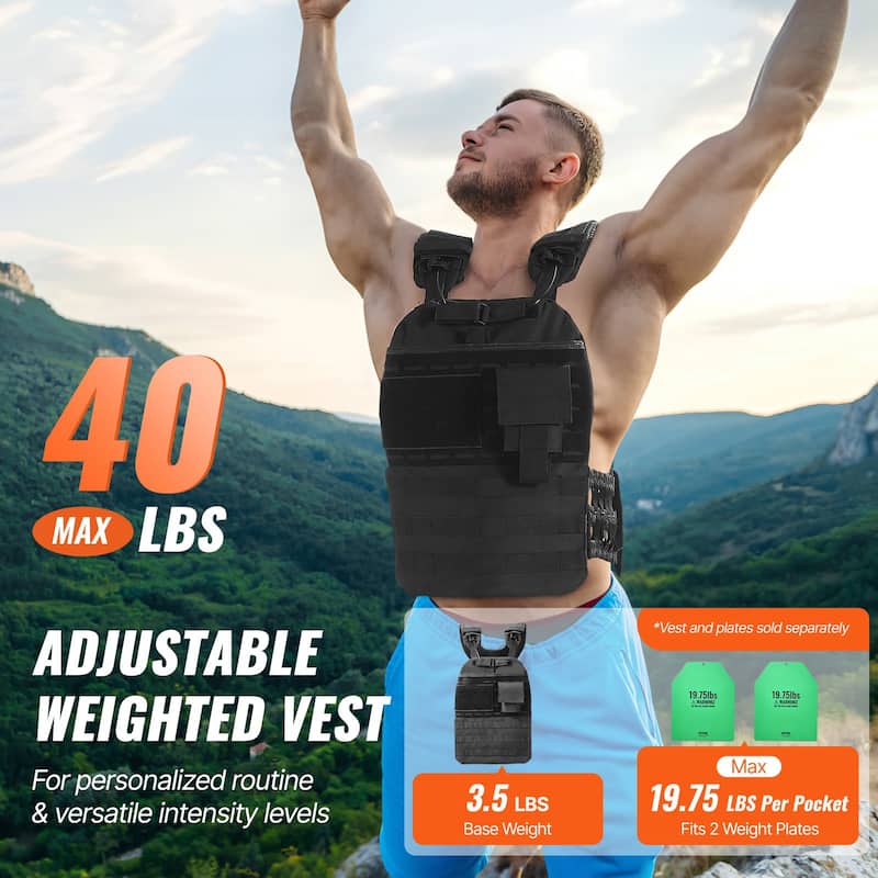 Black Nylon Adjustable Weighted Vest with Pocket, Up to 40 lbs Capacity - 40 lbs