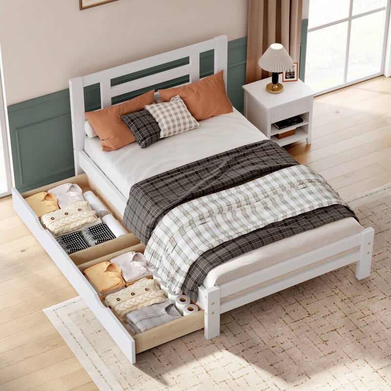 Twin Size Bed Frame Wood Platform Bed Frame with Headboard and 2 Storage Drawers/Wooden Slat Support/No Box Spring Needed/White