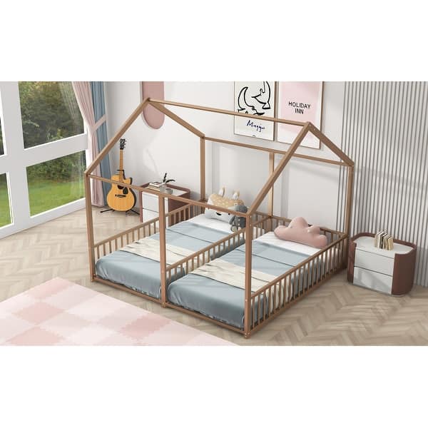 slide 2 of 36, Metal Frame House-shaped Floor Bed Two Shared Twin Side by Side Bed Gold - Twin