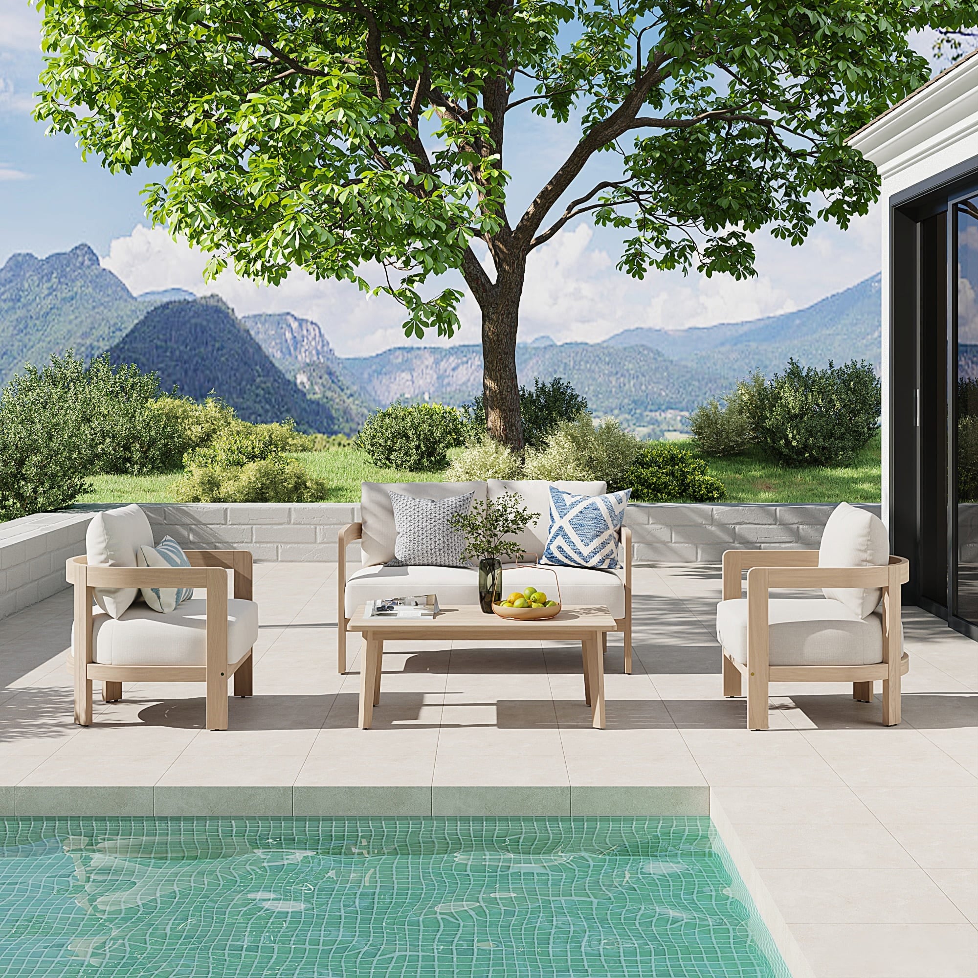 4-Piece Outdoor Conversation Set Acacia Wood 2-Seater Sofa and Arm Chair with Coffee Table