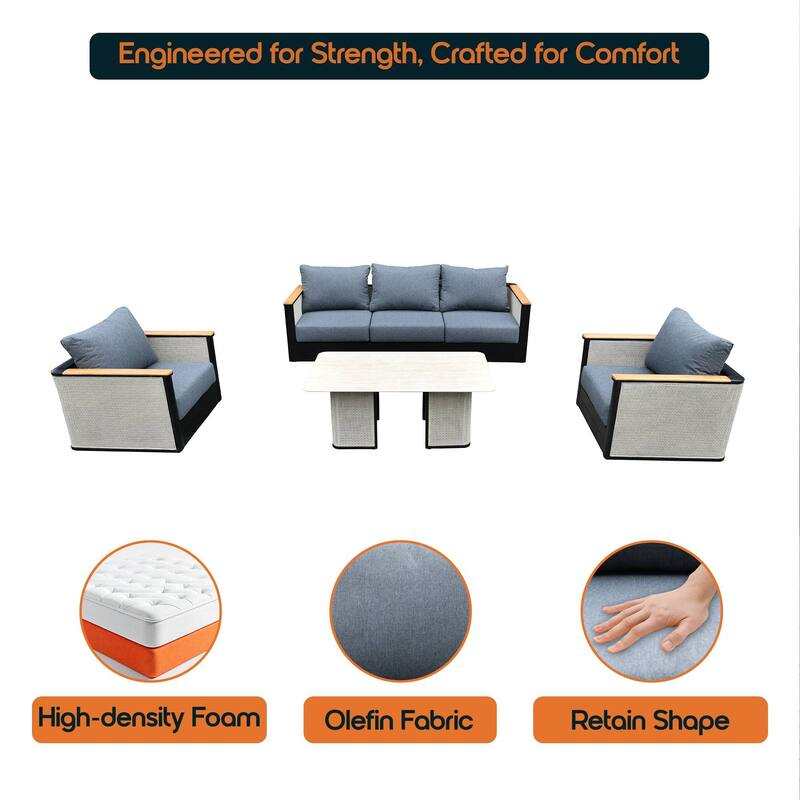 Arvin 4-Piece Outdoor Patio Conversation Set in Aluminum with Olefin Fabric Cushions Sintered Stone Rectangular Coffee Table