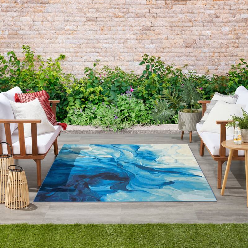 Nourison Color Splash Indoor/Outdoor Blue Abstract Area Rug - Blue/Ivory - 5'3" x 7'3"