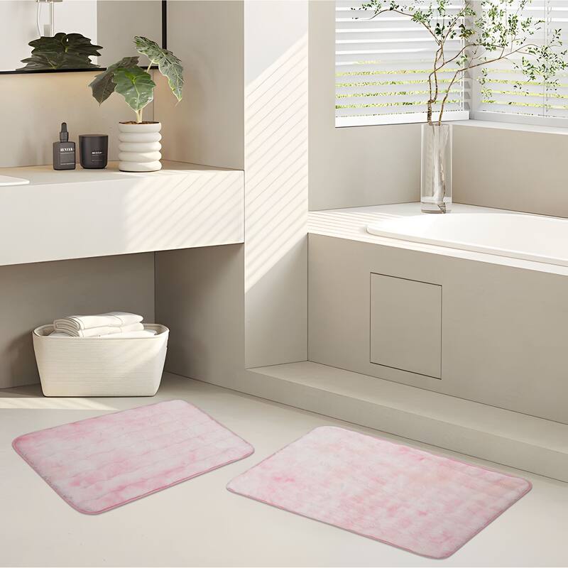 Green 2 Piece Striped Textured Ultra Soft Faux Fake Fur Rabbit Non-Slip Absorbent Bathroom Bath Mat Set