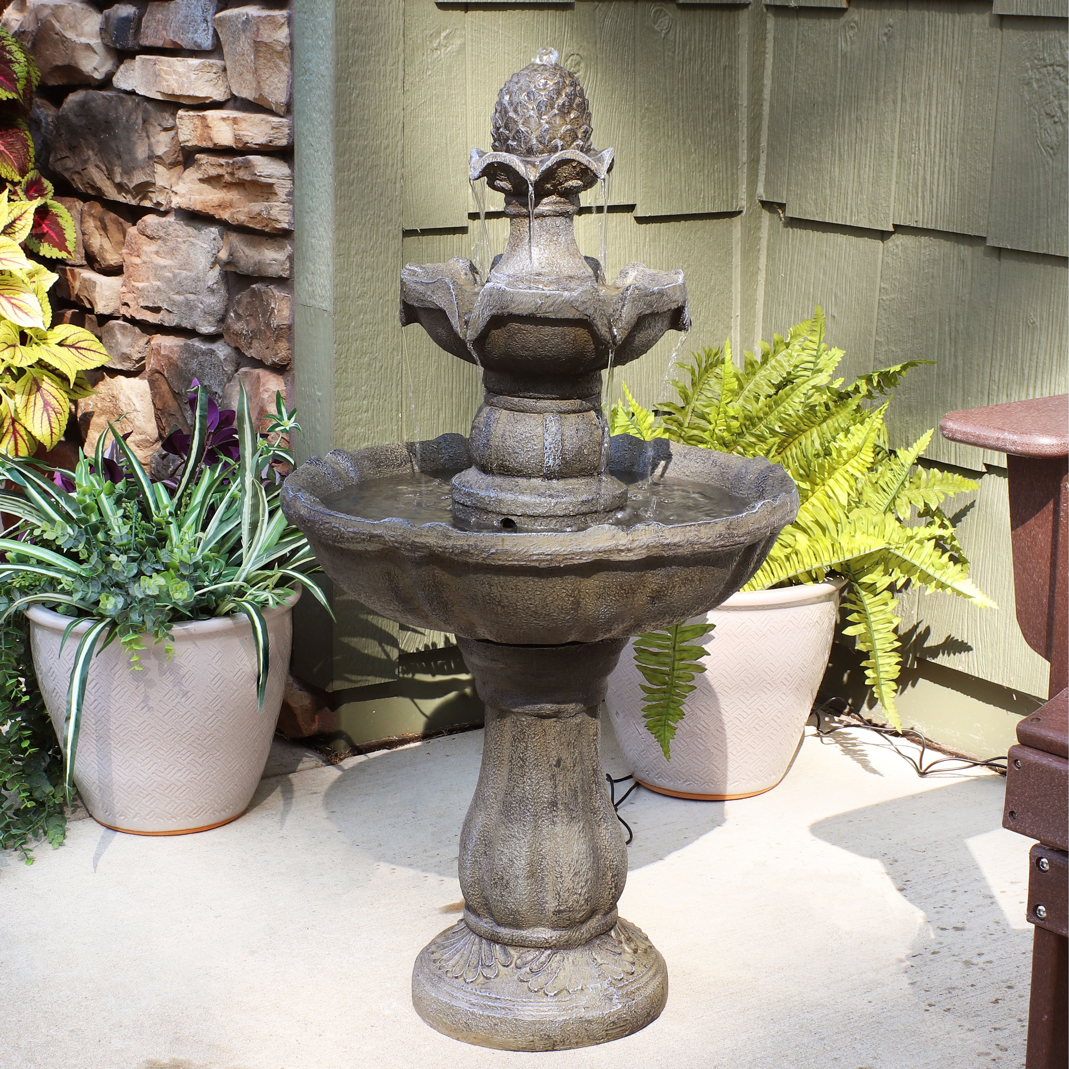 Sunnydaze Pineapple 2-Tier Solar Powered Fountain with Battery Backup Fountain - 33" - 33-Inch