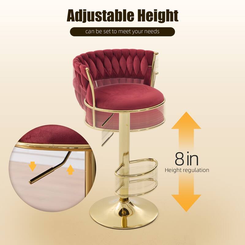 HOMEFUN Velvet Adjustable Height Swivel Armless Bar Stools With Golden Footrest(set of 2)