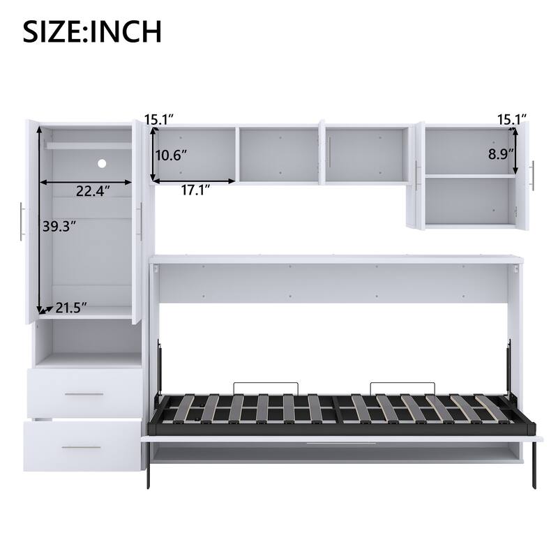 Twin Size Wall Bed with Shelves, Storage Drawers, Wardrobe, and Desk, White