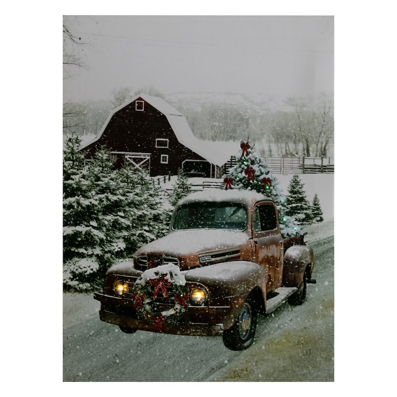 LED Lighted Fiber Optic Truck with Tree Christmas Canvas Wall Art 15.75" x 11.75"