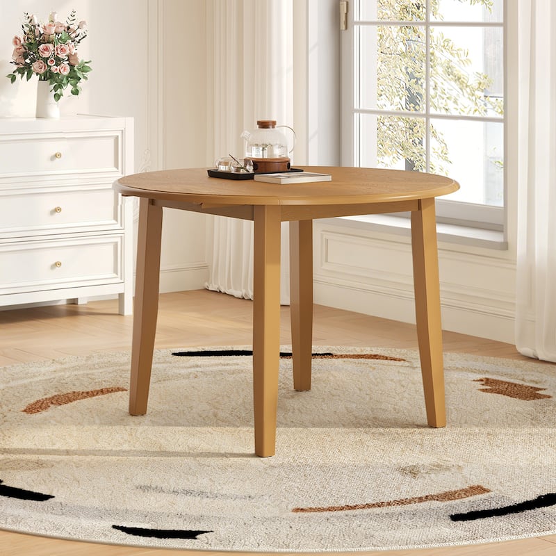 Extendable Round Wood Dining Table with Folding Leaf for Small Spaces