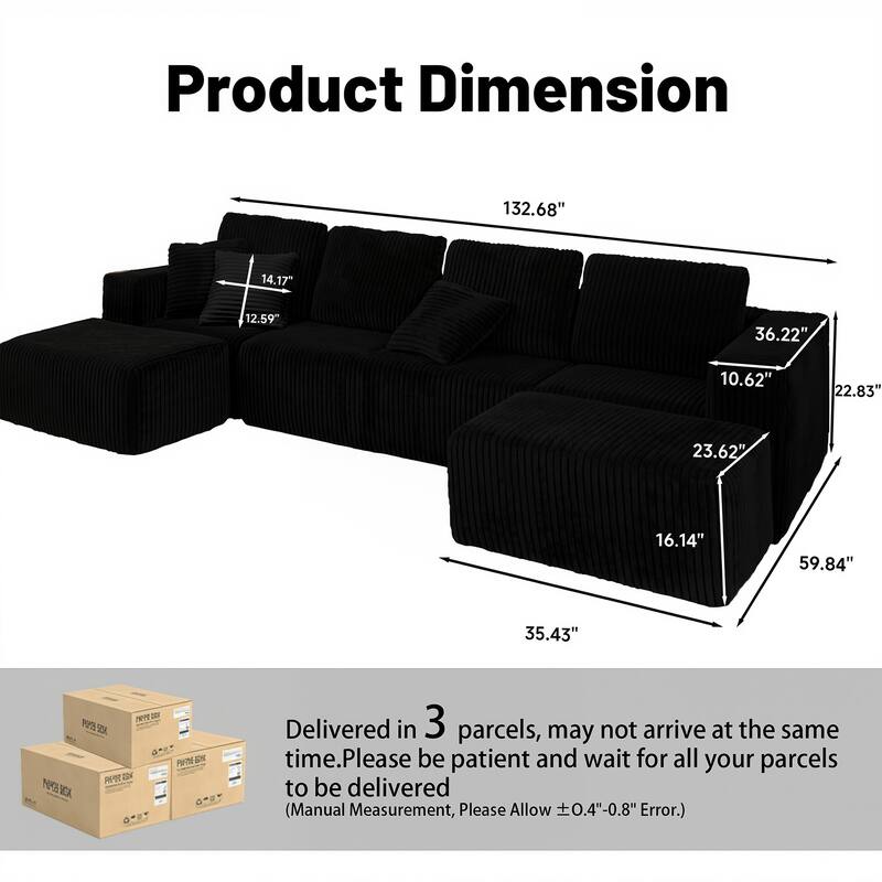 U-Shaped Sectional Sofa with Reversible Chaise Lounge, Oversized Corduroy Fabric Sofa, Modular 4 Seat Compressed Sofa