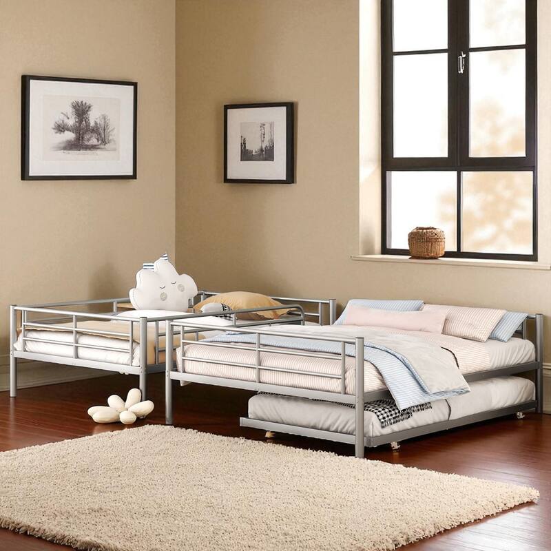 Full Over Full / Full XL Over Queen Metal Bunk Bed with Trundle, Convertible Design and Guardrails