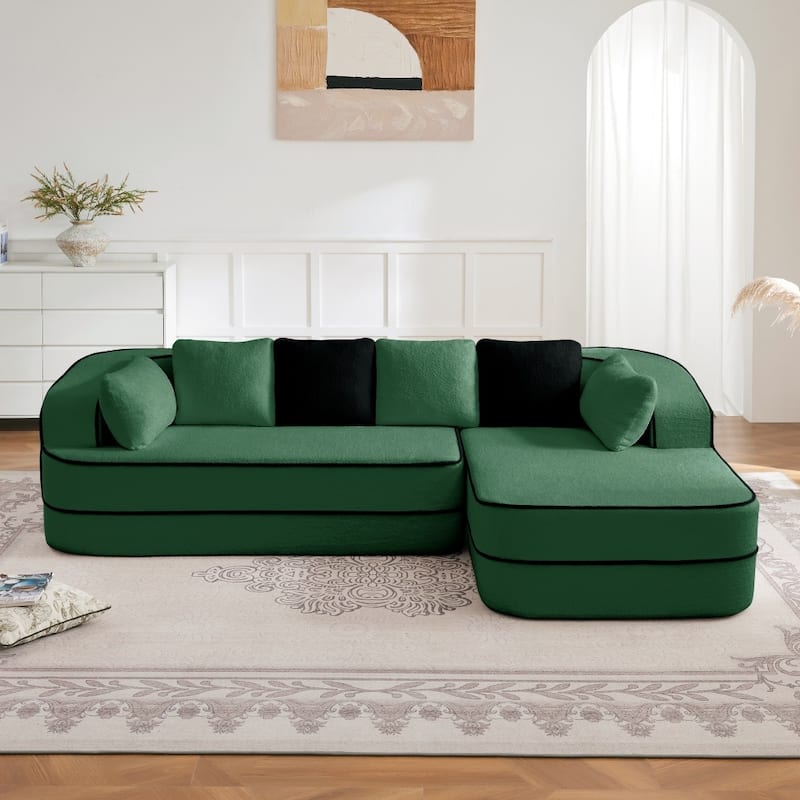 105.9" Modular L-shaped Teddy Velvet Sectional Sofa with Chaise and Curved Armrest - Green - Left Facing