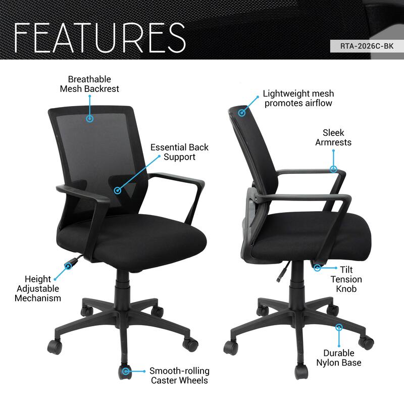 Techni Mobili Ergonomic Mesh Office Chair with Adjustable Height & Tilt - Economical Desk Chair with Lumbar Support
