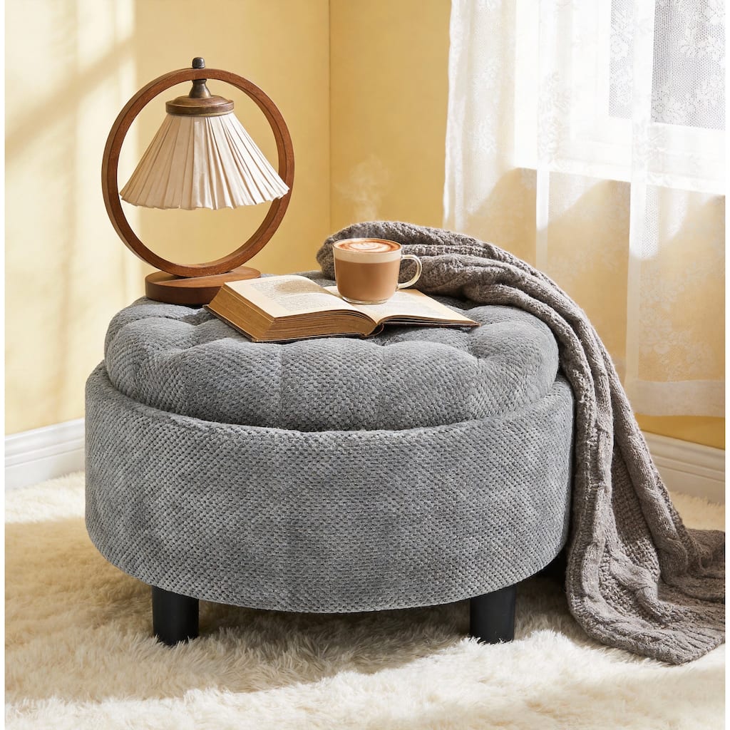 25"Round Storage Ottoman with Tray,ModernTufted Fabric Circle Coffee Table with Storage,Upholstered Ottoman with Removable Top