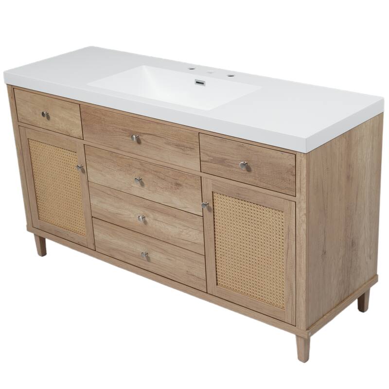 60" Large Rattan Bathroom Vanity Cabinet with SMC Sink