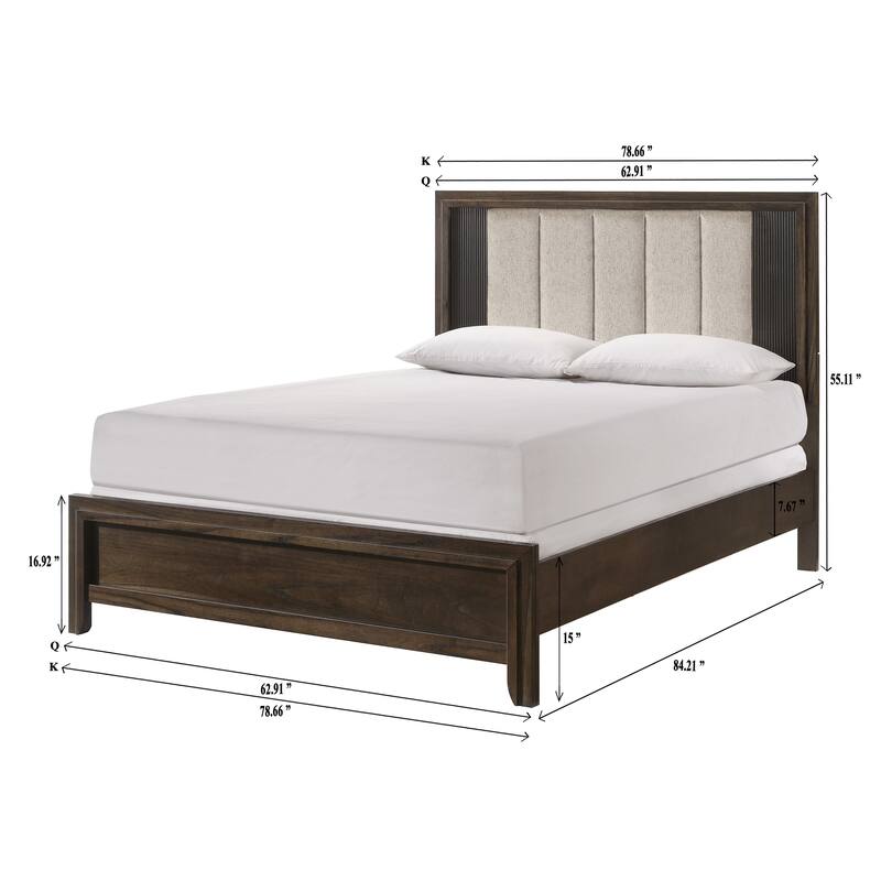 Queen Size Bed with Rich Wood Finish, Plush Upholstered Headboard, Rustic Charm, Brown