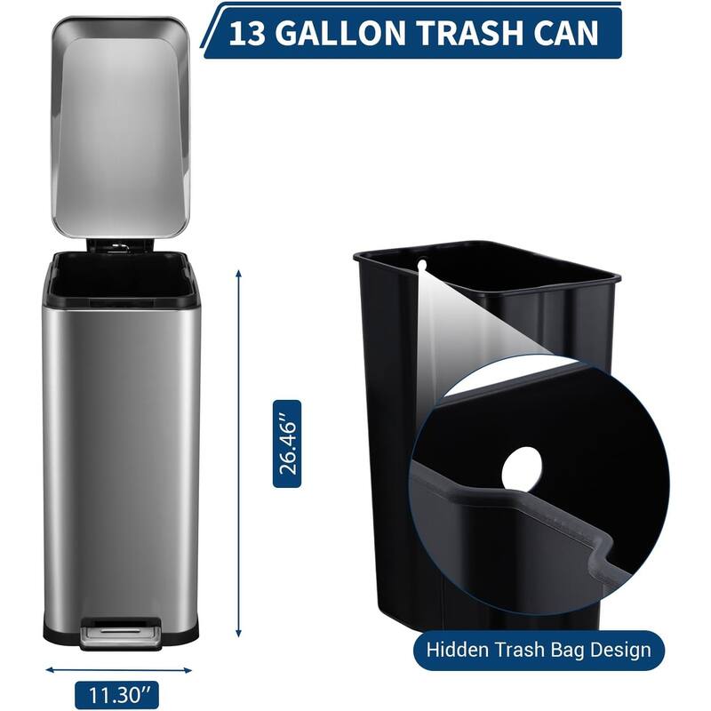 13 Gallon Kitchen Trash Can, Stainless Steel with Soft-Close Lid & Removable Bucket