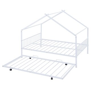 Full Size Metal House Bed with Twin Size Trundle, White