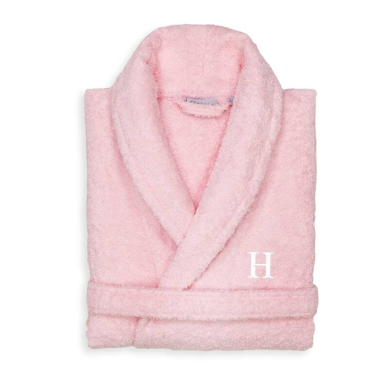Authentic Hotel and Spa Unisex Pink Turkish Cotton Terry Bath Robe with White Block Monogram - S/M - H