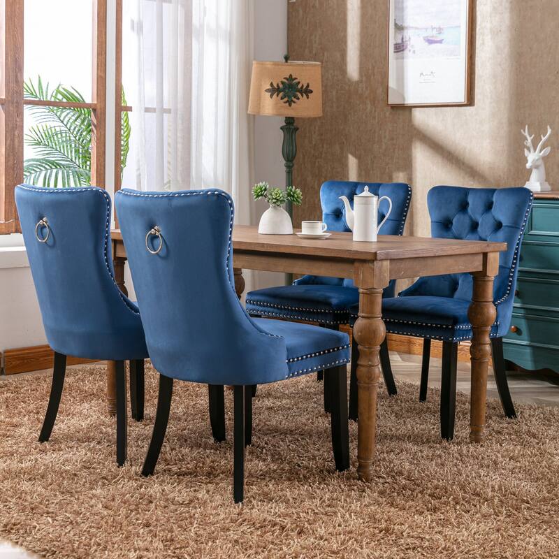 Set of 2 Velvet Upholstered Dining Chairs with Nailhead Trim and Wooden Legs