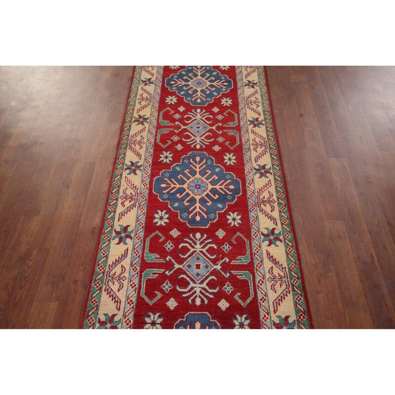 Geometric Red Kazak Oriental Runner Rug Handmade Wool Carpet - 2'6" x 16'0"