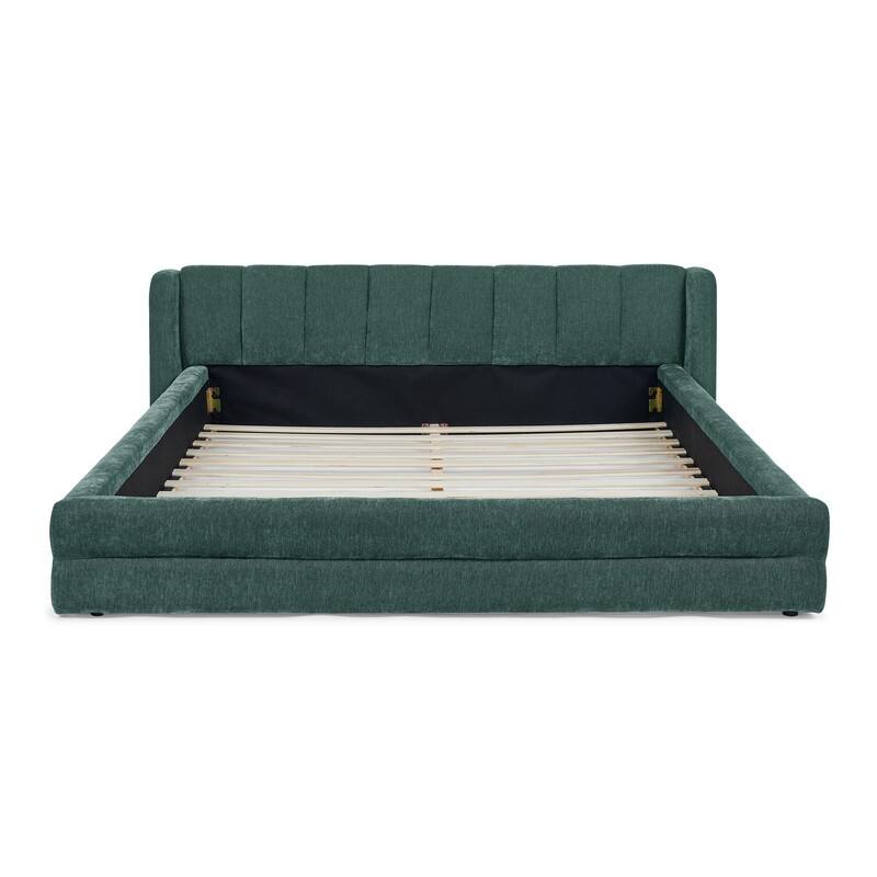 Queen-Sized Chenille Upholstered Bed with Headboard and Solid Frame.