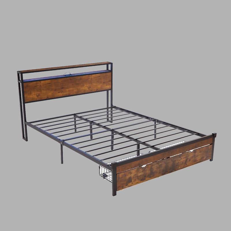 Modern Queen/King Platform Bed with Charging Station, LED Lights, Wooden Accents, and No Box Spring Needed - Brown - King